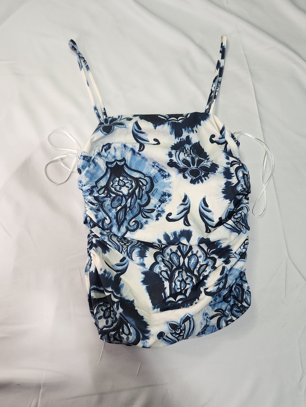Zara White and Blue Floral Ruched Tank Top
